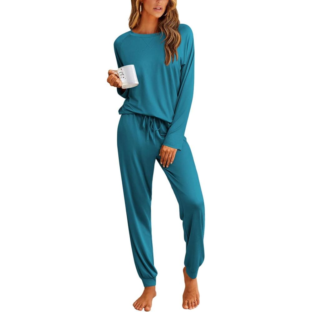 imageEkouaer Pajamas Womens Long Sleeve Pj Set 2 Piece Loungewear Soft Comfy Sleepwear with Jogger Pants SXXLBlue Green