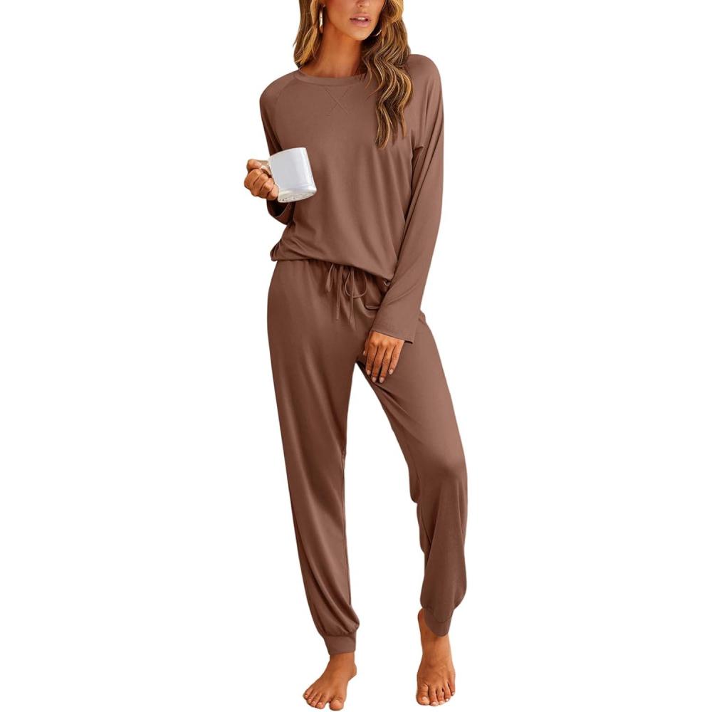 imageEkouaer Pajamas Womens Long Sleeve Pj Set 2 Piece Loungewear Soft Comfy Sleepwear with Jogger Pants SXXLBrown