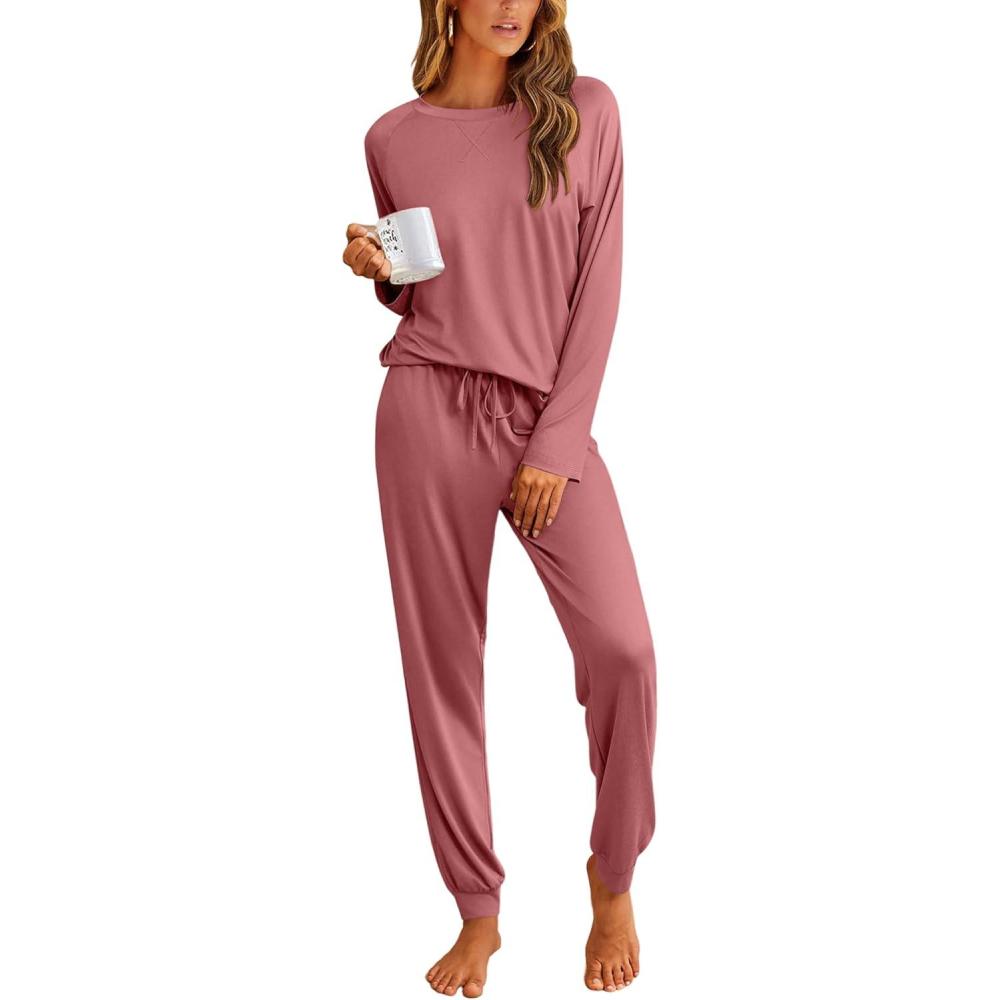 imageEkouaer Pajamas Womens Long Sleeve Pj Set 2 Piece Loungewear Soft Comfy Sleepwear with Jogger Pants SXXLOld Rose