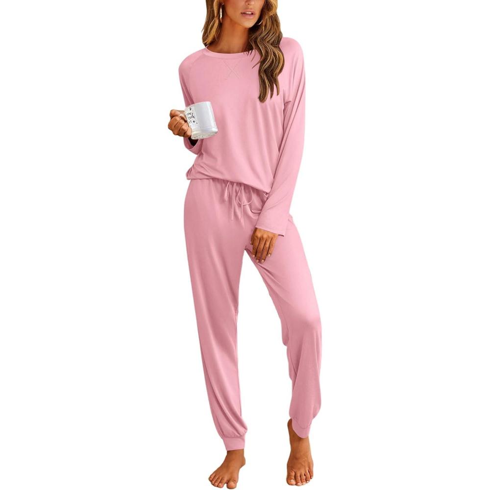 imageEkouaer Pajamas Womens Long Sleeve Pj Set 2 Piece Loungewear Soft Comfy Sleepwear with Jogger Pants SXXLPink