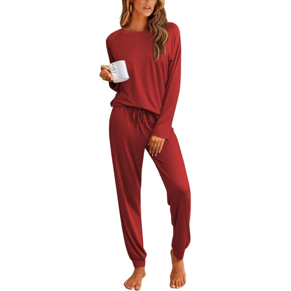 imageEkouaer Pajamas Womens Long Sleeve Pj Set 2 Piece Loungewear Soft Comfy Sleepwear with Jogger Pants SXXLRed