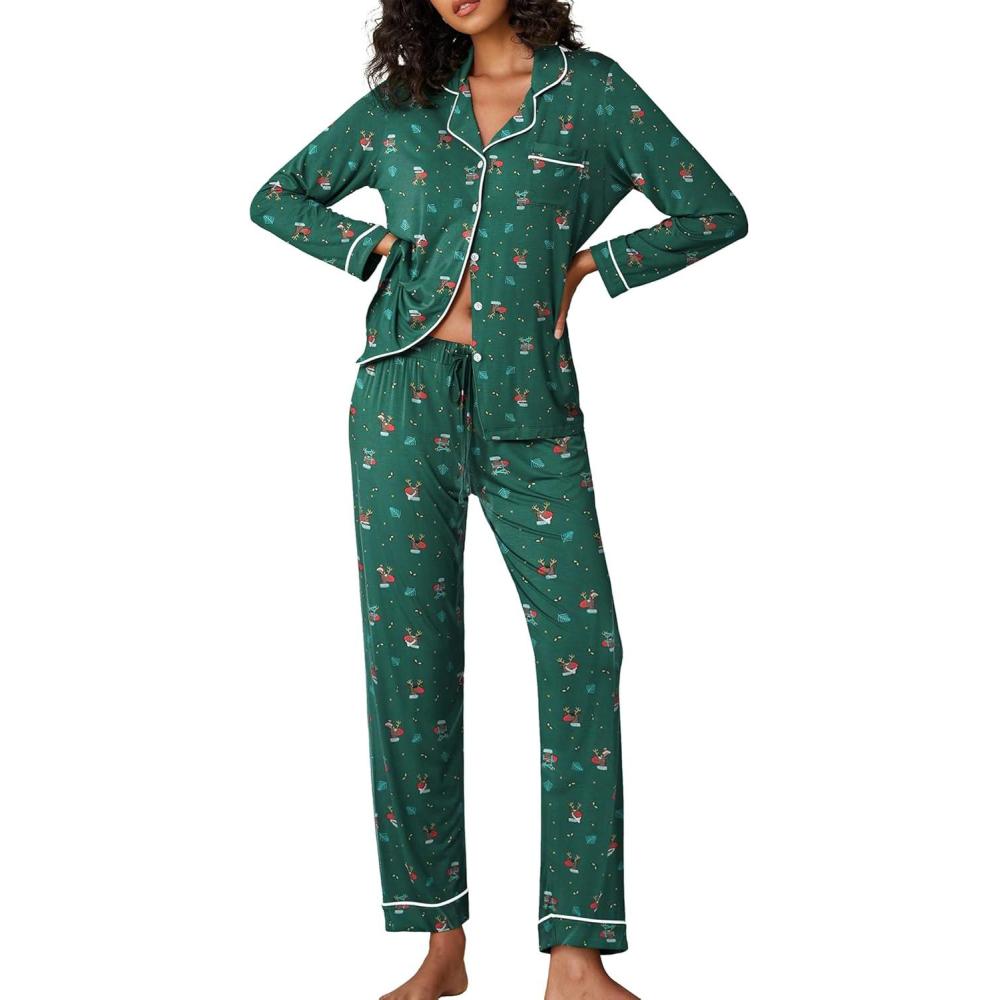 imageEkouaer Pajamas Womens Long Sleeve Sleepwear Soft Button Down Loungewear Pjs Lounge Set Nightwear XSXXLChristmas Green With Elk
