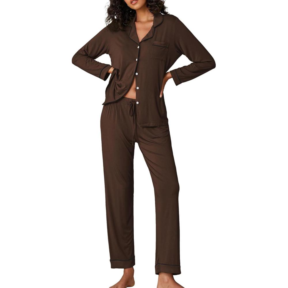 imageEkouaer Pajamas Womens Long Sleeve Sleepwear Soft Button Down Loungewear Pjs Lounge Set Nightwear XSXXLCoffee