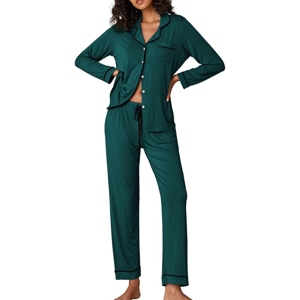 imageEkouaer Pajamas Womens Long Sleeve Sleepwear Soft Button Down Loungewear Pjs Lounge Set Nightwear XSXXLDark Green