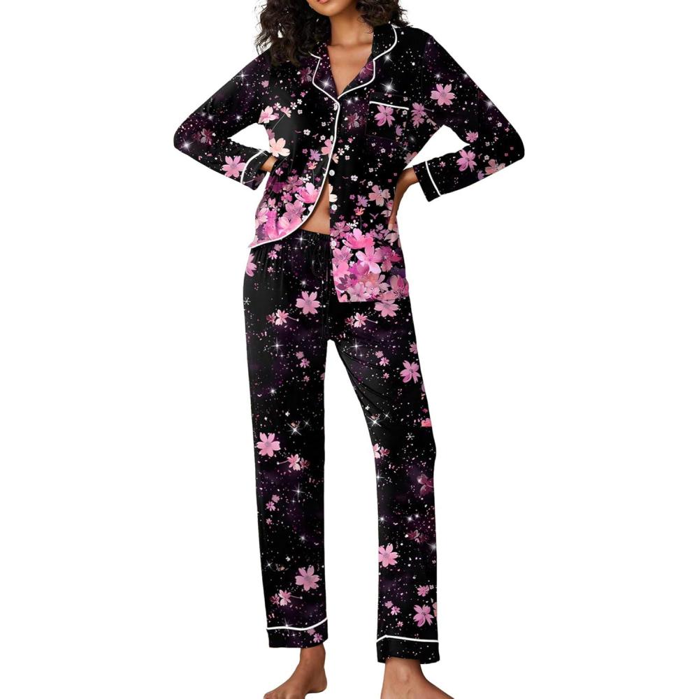 imageEkouaer Pajamas Womens Long Sleeve Sleepwear Soft Button Down Loungewear Pjs Lounge Set Nightwear XSXXLFloral Black Pink