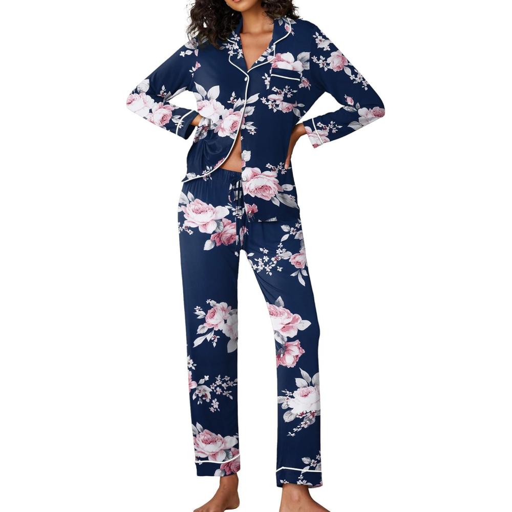 imageEkouaer Pajamas Womens Long Sleeve Sleepwear Soft Button Down Loungewear Pjs Lounge Set Nightwear XSXXLFloral Navy Pink