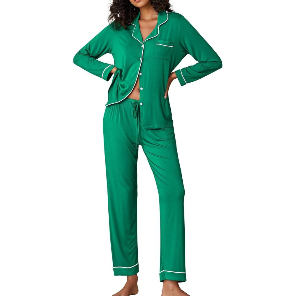 imageEkouaer Pajamas Womens Long Sleeve Sleepwear Soft Button Down Loungewear Pjs Lounge Set Nightwear XSXXLGreen