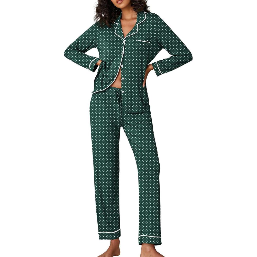 imageEkouaer Pajamas Womens Long Sleeve Sleepwear Soft Button Down Loungewear Pjs Lounge Set Nightwear XSXXLGreen With White Dots