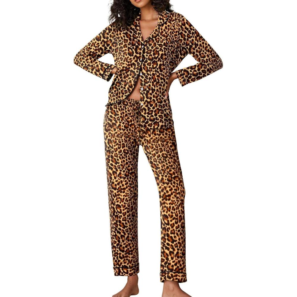 imageEkouaer Pajamas Womens Long Sleeve Sleepwear Soft Button Down Loungewear Pjs Lounge Set Nightwear XSXXLLeopard