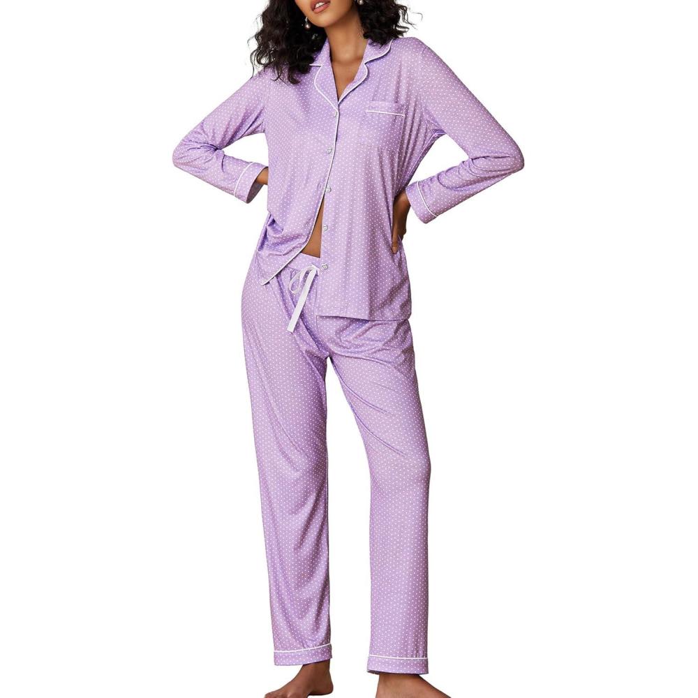 imageEkouaer Pajamas Womens Long Sleeve Sleepwear Soft Button Down Loungewear Pjs Lounge Set Nightwear XSXXLLilac With White Dots