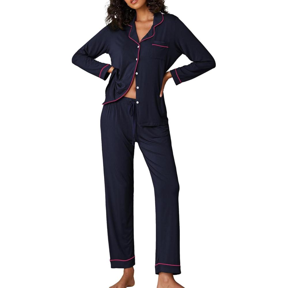 imageEkouaer Pajamas Womens Long Sleeve Sleepwear Soft Button Down Loungewear Pjs Lounge Set Nightwear XSXXLNavy