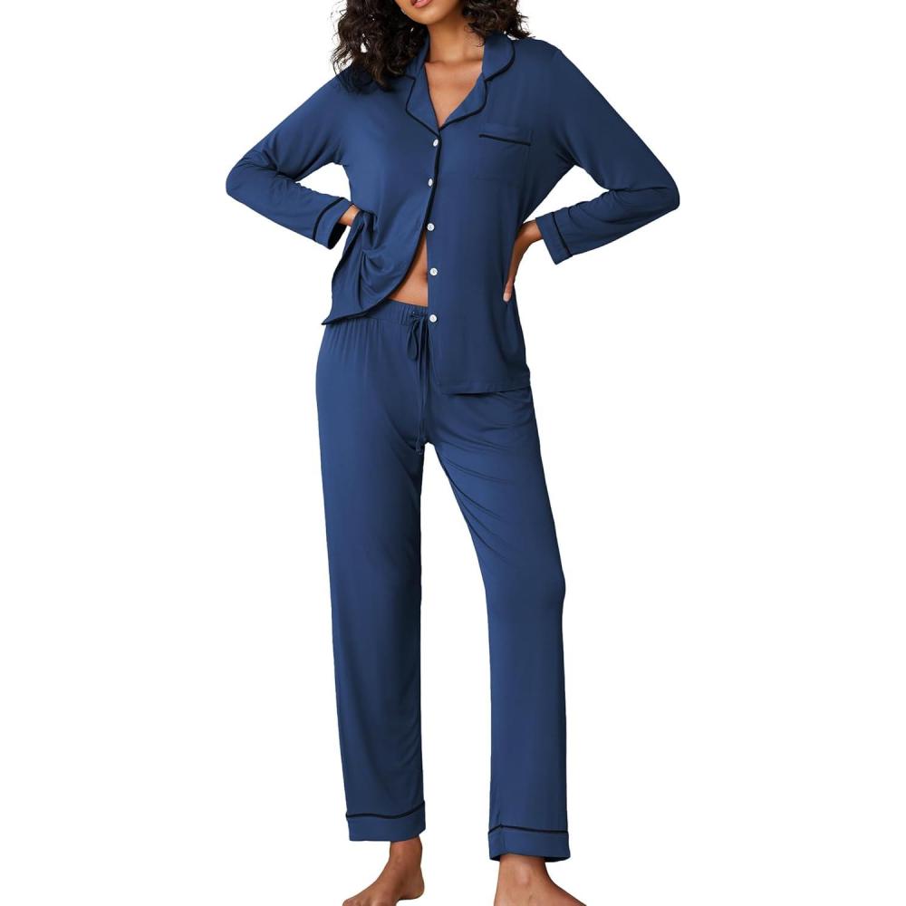 imageEkouaer Pajamas Womens Long Sleeve Sleepwear Soft Button Down Loungewear Pjs Lounge Set Nightwear XSXXLNavy Blue
