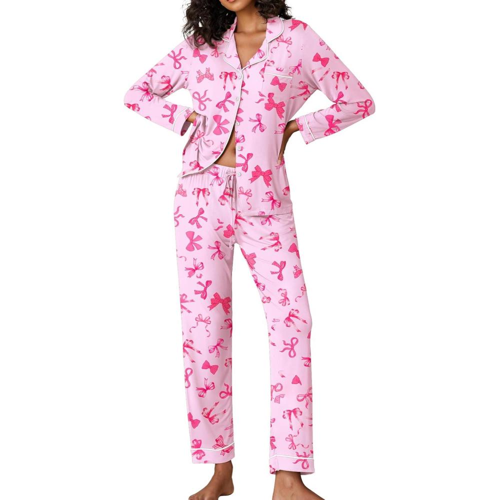 imageEkouaer Pajamas Womens Long Sleeve Sleepwear Soft Button Down Loungewear Pjs Lounge Set Nightwear XSXXLPink Bow Knot