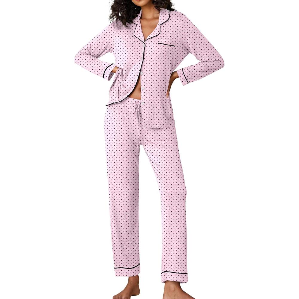 imageEkouaer Pajamas Womens Long Sleeve Sleepwear Soft Button Down Loungewear Pjs Lounge Set Nightwear XSXXLPink With Black Dots