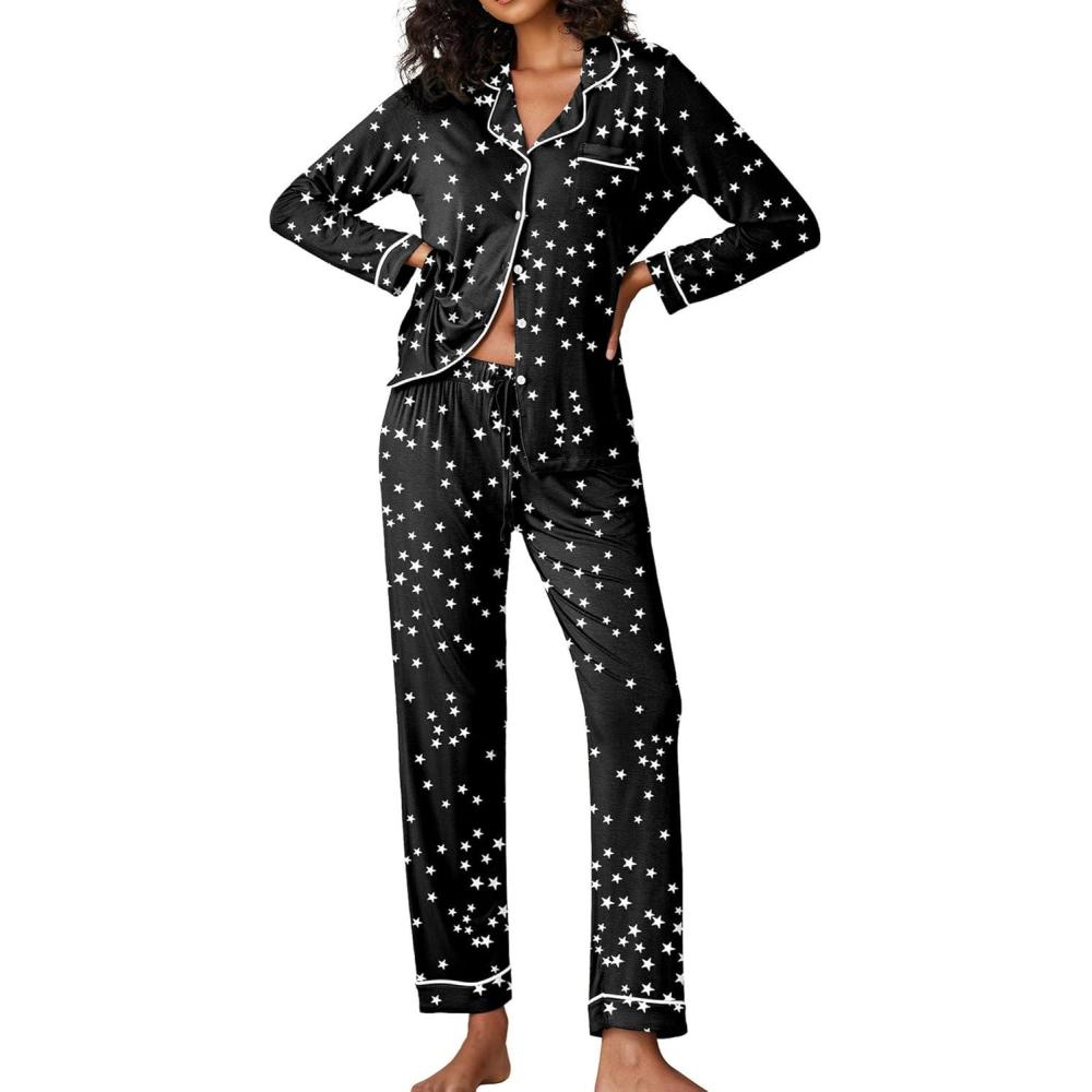 imageEkouaer Pajamas Womens Long Sleeve Sleepwear Soft Button Down Loungewear Pjs Lounge Set Nightwear XSXXLStars Pattern Black