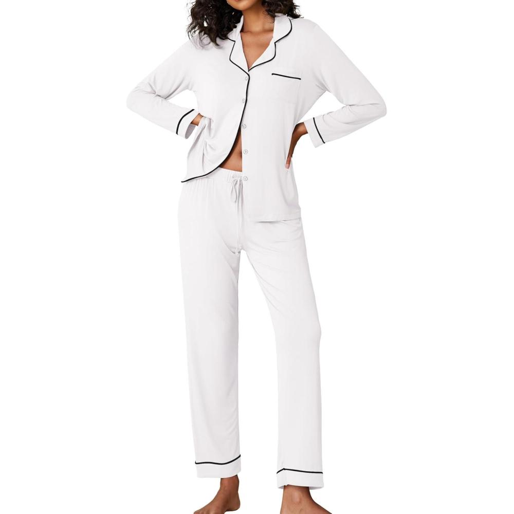 imageEkouaer Pajamas Womens Long Sleeve Sleepwear Soft Button Down Loungewear Pjs Lounge Set Nightwear XSXXLWhite