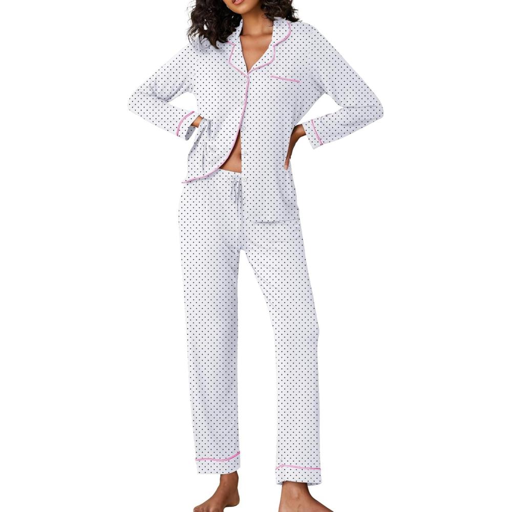imageEkouaer Pajamas Womens Long Sleeve Sleepwear Soft Button Down Loungewear Pjs Lounge Set Nightwear XSXXLWhite With Black Dots