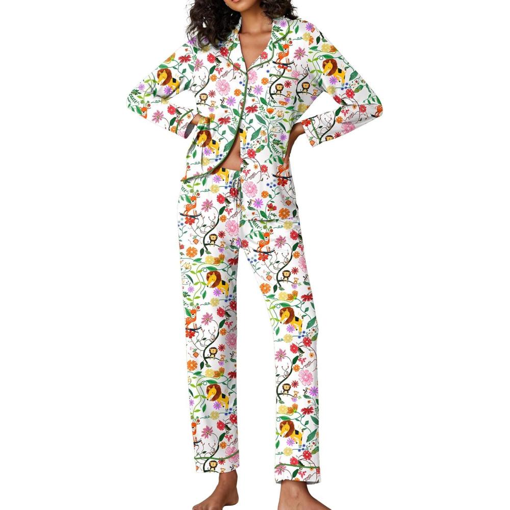 imageEkouaer Pajamas Womens Long Sleeve Sleepwear Soft Button Down Loungewear Pjs Lounge Set Nightwear XSXXLWhiteanimal