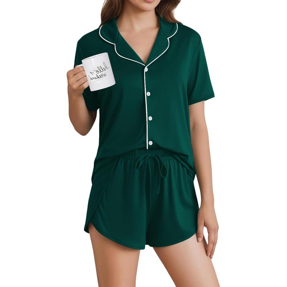 imageEkouaer Pajamas for Women Set Button Up Sleepwear 2 Piece Pjs Lounge Set Short Sleeve NightwearGreen