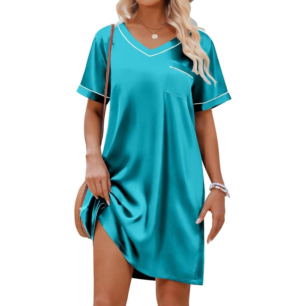 imageEkouaer Satin Silk Nightgown for Women Silky Loose Sleepwear V Neck Nightshirt Short Sleeve Sleep DressBlue Green