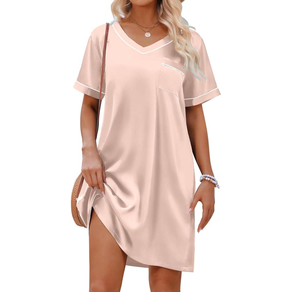 imageEkouaer Satin Silk Nightgown for Women Silky Loose Sleepwear V Neck Nightshirt Short Sleeve Sleep DressChampagne