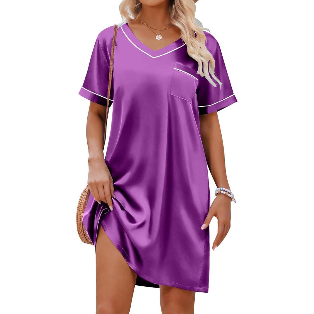 imageEkouaer Satin Silk Nightgown for Women Silky Loose Sleepwear V Neck Nightshirt Short Sleeve Sleep DressPurple