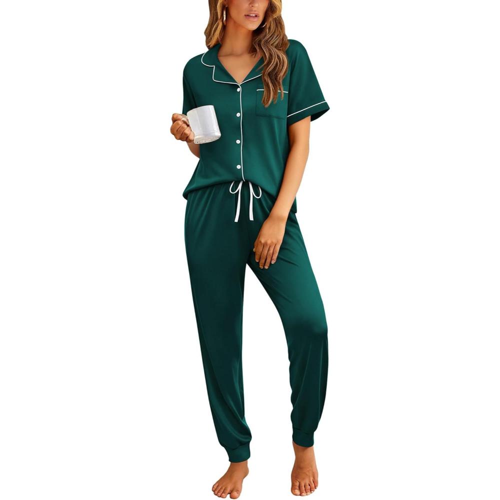 imageEkouaer Women Pajama Set Short Sleeve Button Down Pjs Soft Comfy Sleepwear Nightwear with Jogger PantsDark Green