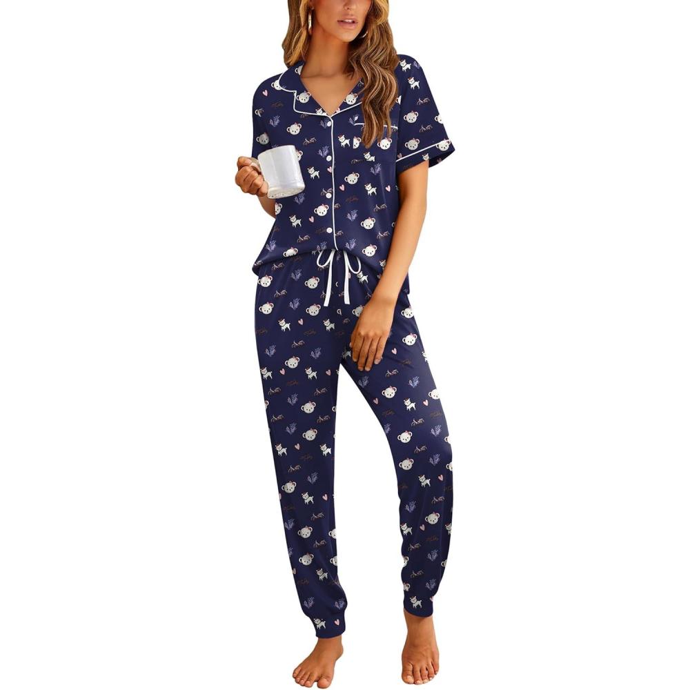 imageEkouaer Women Pajama Set Short Sleeve Button Down Pjs Soft Comfy Sleepwear Nightwear with Jogger PantsNavy Blue Teddy