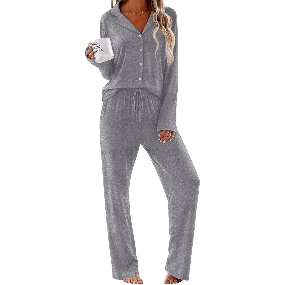 imageEkouaer Women Pajamas Set Long Sleeve Sleepwear Button Down Pjs Soft 2 Piece Loungewear with Long PantsAgrey
