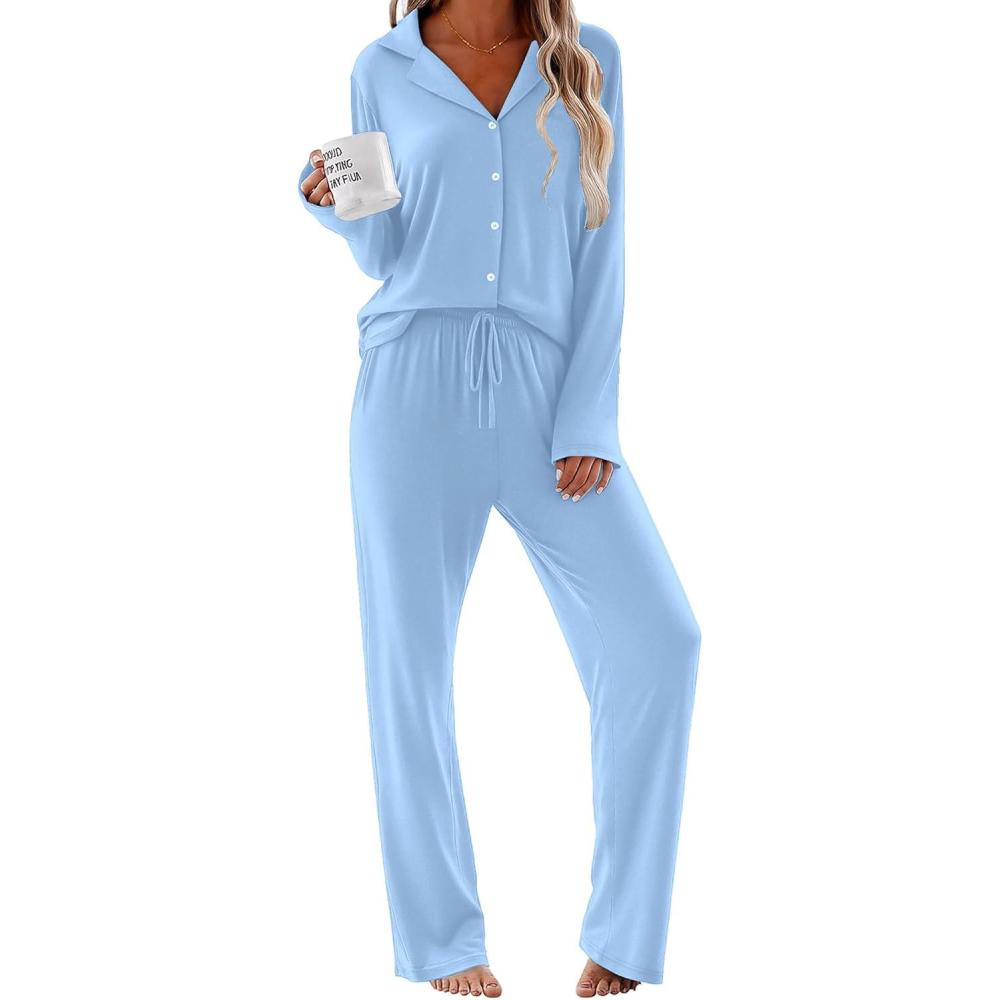 imageEkouaer Women Pajamas Set Long Sleeve Sleepwear Button Down Pjs Soft 2 Piece Loungewear with Long PantsAlight Blue