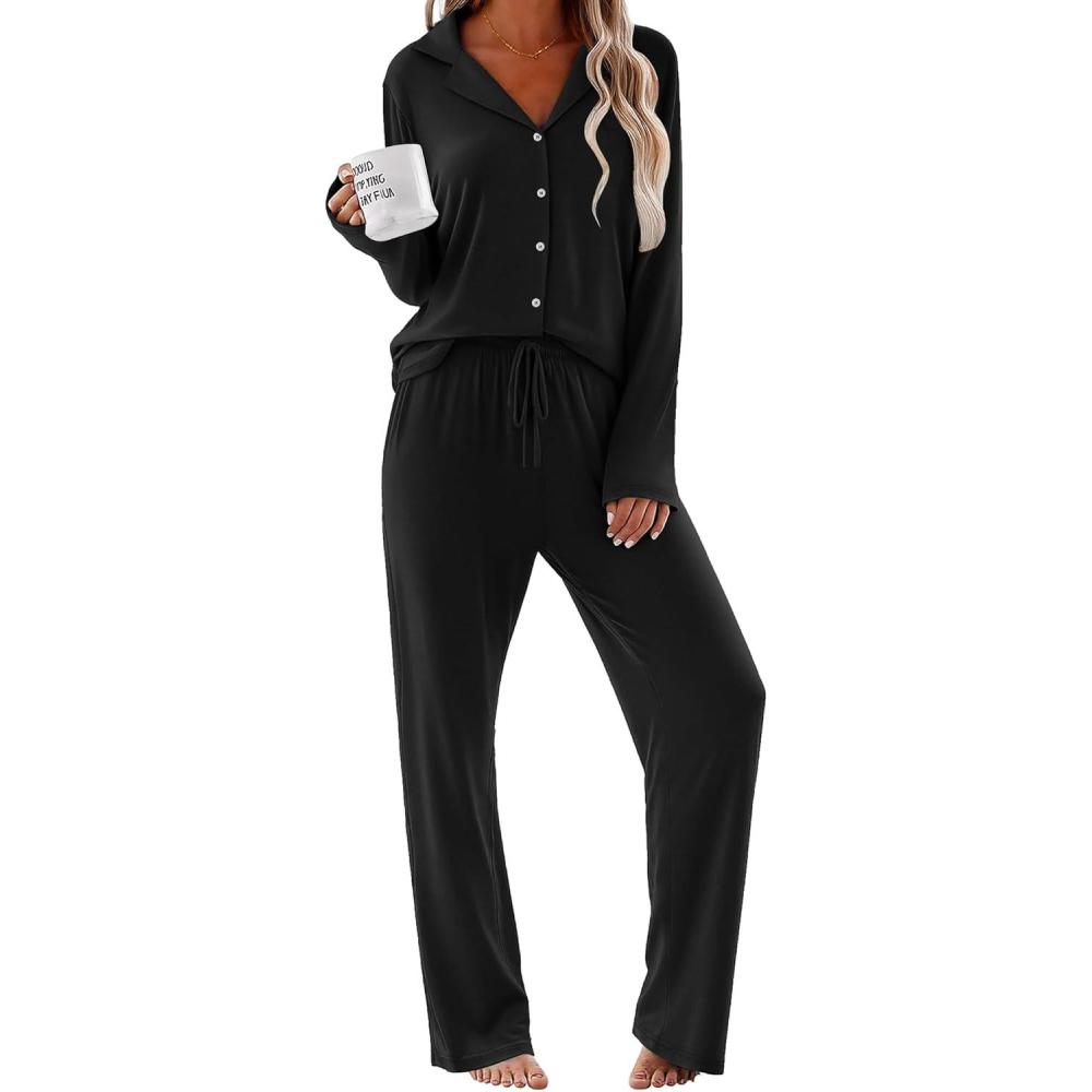 imageEkouaer Women Pajamas Set Long Sleeve Sleepwear Button Down Pjs Soft 2 Piece Loungewear with Long PantsBlack