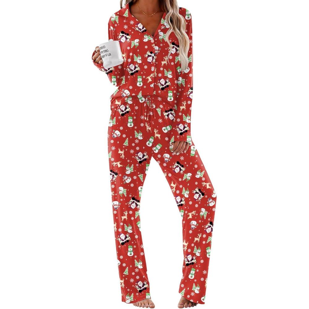 imageEkouaer Women Pajamas Set Long Sleeve Sleepwear Button Down Pjs Soft 2 Piece Loungewear with Long PantsChristmas Red