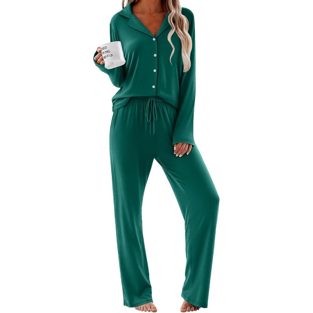 imageEkouaer Women Pajamas Set Long Sleeve Sleepwear Button Down Pjs Soft 2 Piece Loungewear with Long PantsDark Green