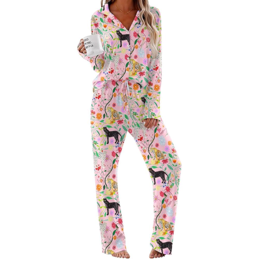 imageEkouaer Women Pajamas Set Long Sleeve Sleepwear Button Down Pjs Soft 2 Piece Loungewear with Long PantsPink Tiger