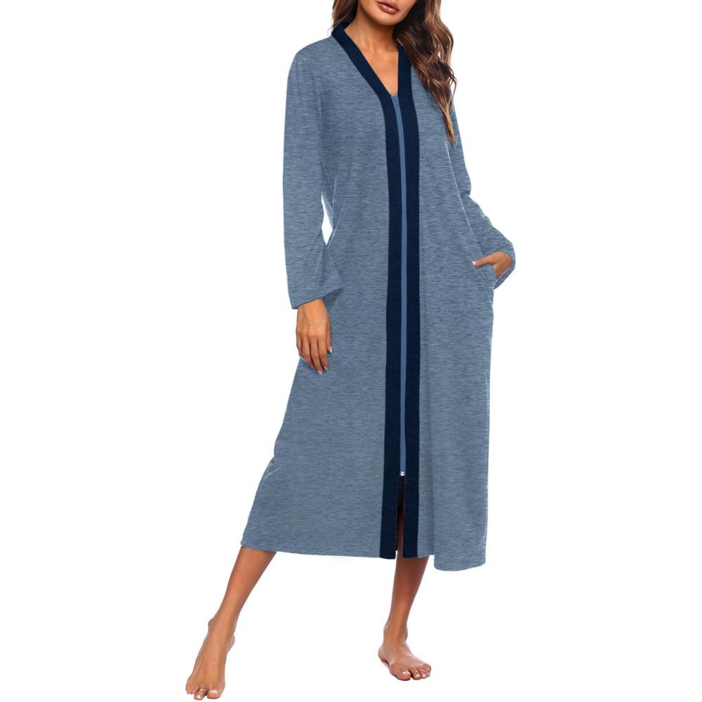 imageEkouaer Women Zipper Robe Long Sleeve Loungewear Lightweight Housecoat Full Length Nightgown with PocketsBlue