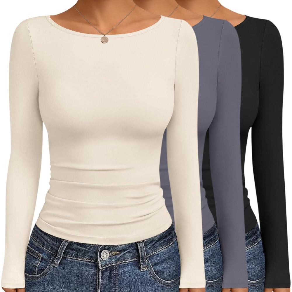 imageEkouaer Womens Boat Neck Tops 3 Packs Long Sleeve Shirts Ruched Fall Fashion 2025 Outfits Basic Thermal Underscrubs3pcs Black Beige Dark Grey
