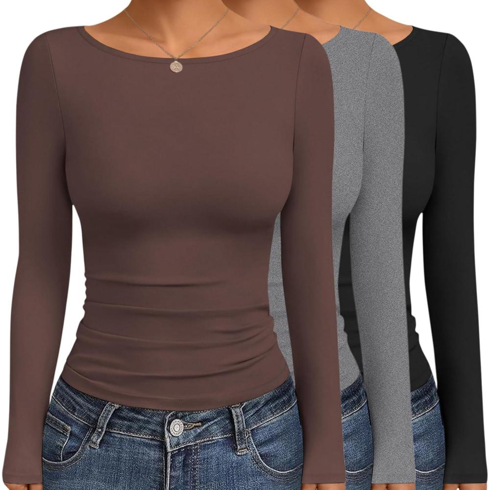 imageEkouaer Womens Boat Neck Tops 3 Packs Long Sleeve Shirts Ruched Fall Fashion 2025 Outfits Basic Thermal Underscrubs3pcs Black Brown Grey