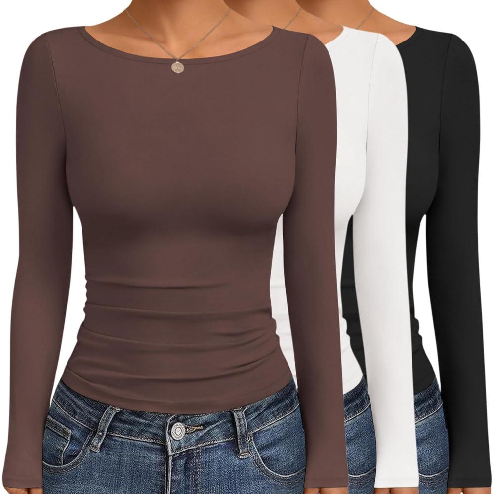 imageEkouaer Womens Boat Neck Tops 3 Packs Long Sleeve Shirts Ruched Fall Fashion 2025 Outfits Basic Thermal Underscrubs3pcs Black Brown White