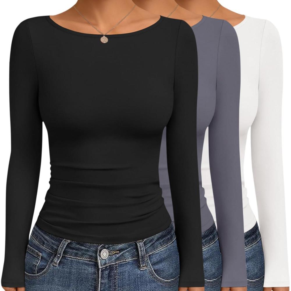 imageEkouaer Womens Boat Neck Tops 3 Packs Long Sleeve Shirts Ruched Fall Fashion 2025 Outfits Basic Thermal Underscrubs3pcs Black Dark Grey White
