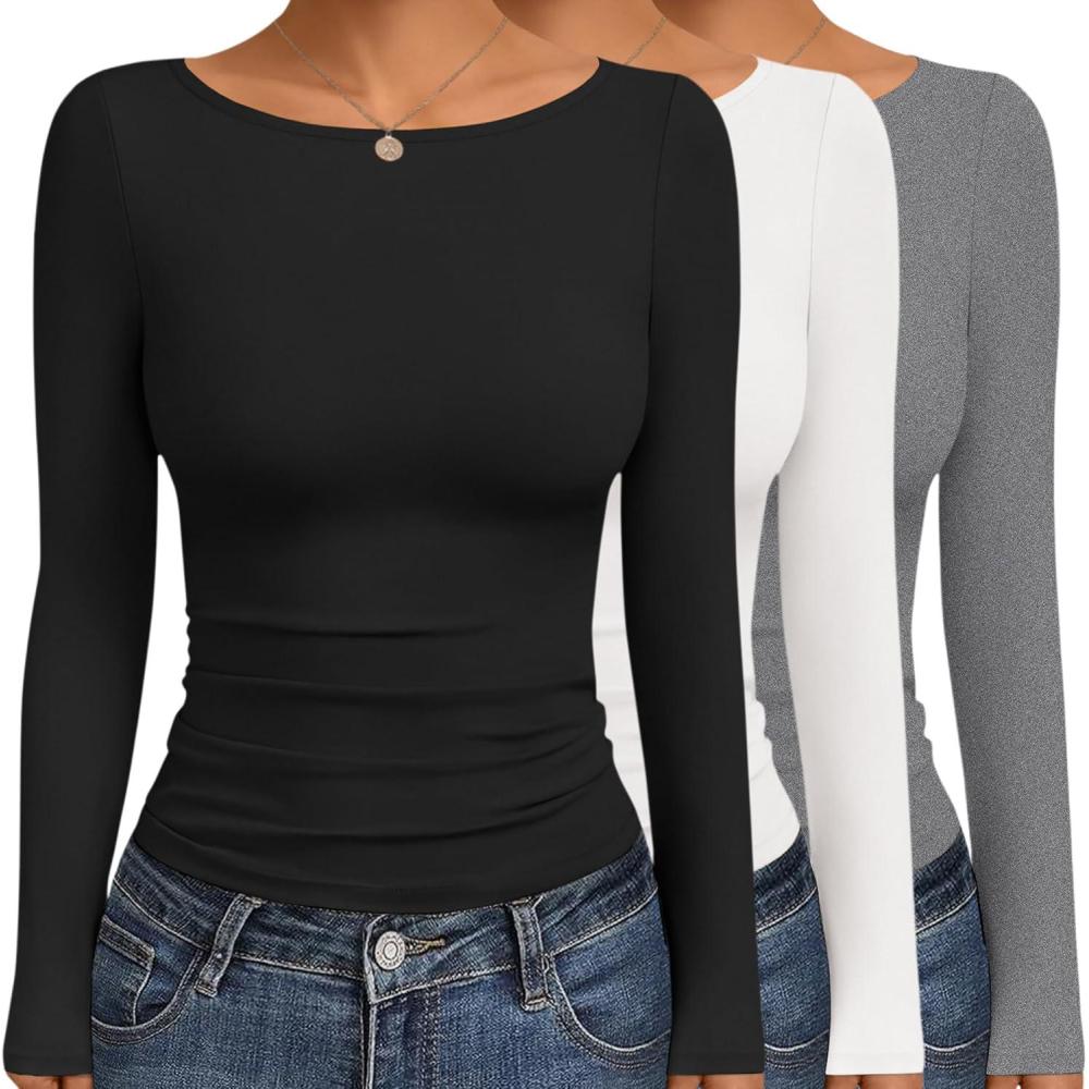 imageEkouaer Womens Boat Neck Tops 3 Packs Long Sleeve Shirts Ruched Fall Fashion 2025 Outfits Basic Thermal Underscrubs3pcs Black  Grey  White