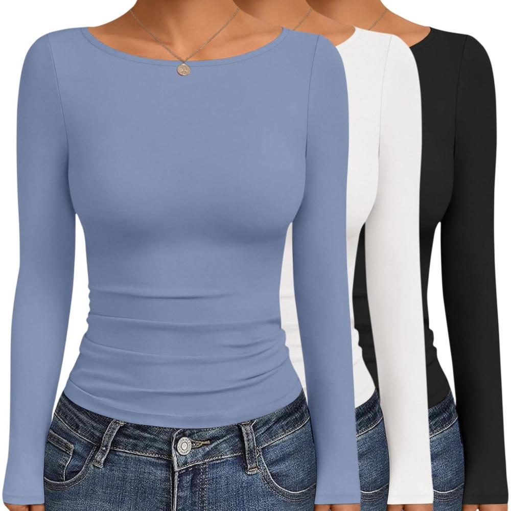 imageEkouaer Womens Boat Neck Tops 3 Packs Long Sleeve Shirts Ruched Fall Fashion 2025 Outfits Basic Thermal Underscrubs3pcs Black Grey Blue White