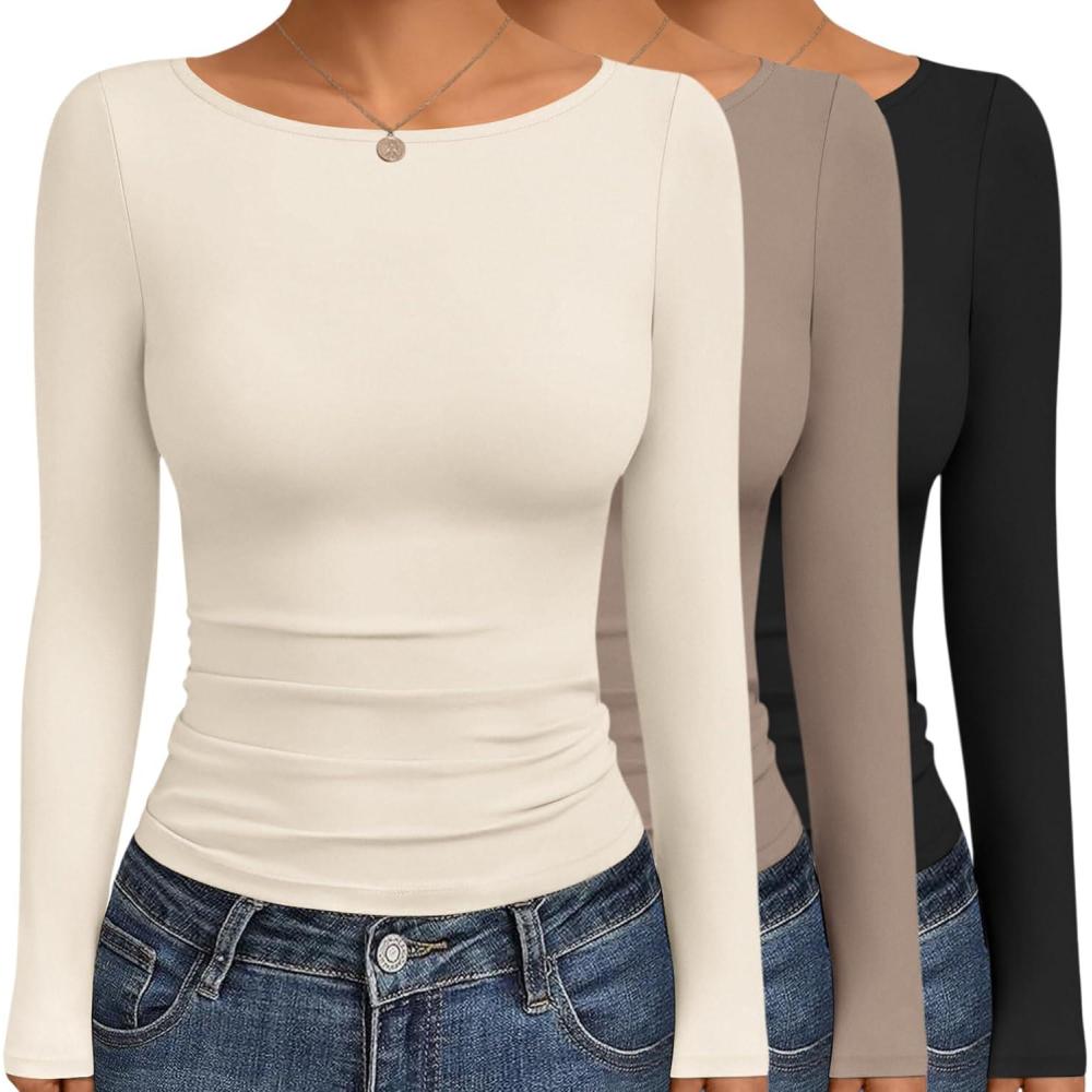 imageEkouaer Womens Boat Neck Tops 3 Packs Long Sleeve Shirts Ruched Fall Fashion 2025 Outfits Basic Thermal Underscrubs3pcs Black Khaki Beige