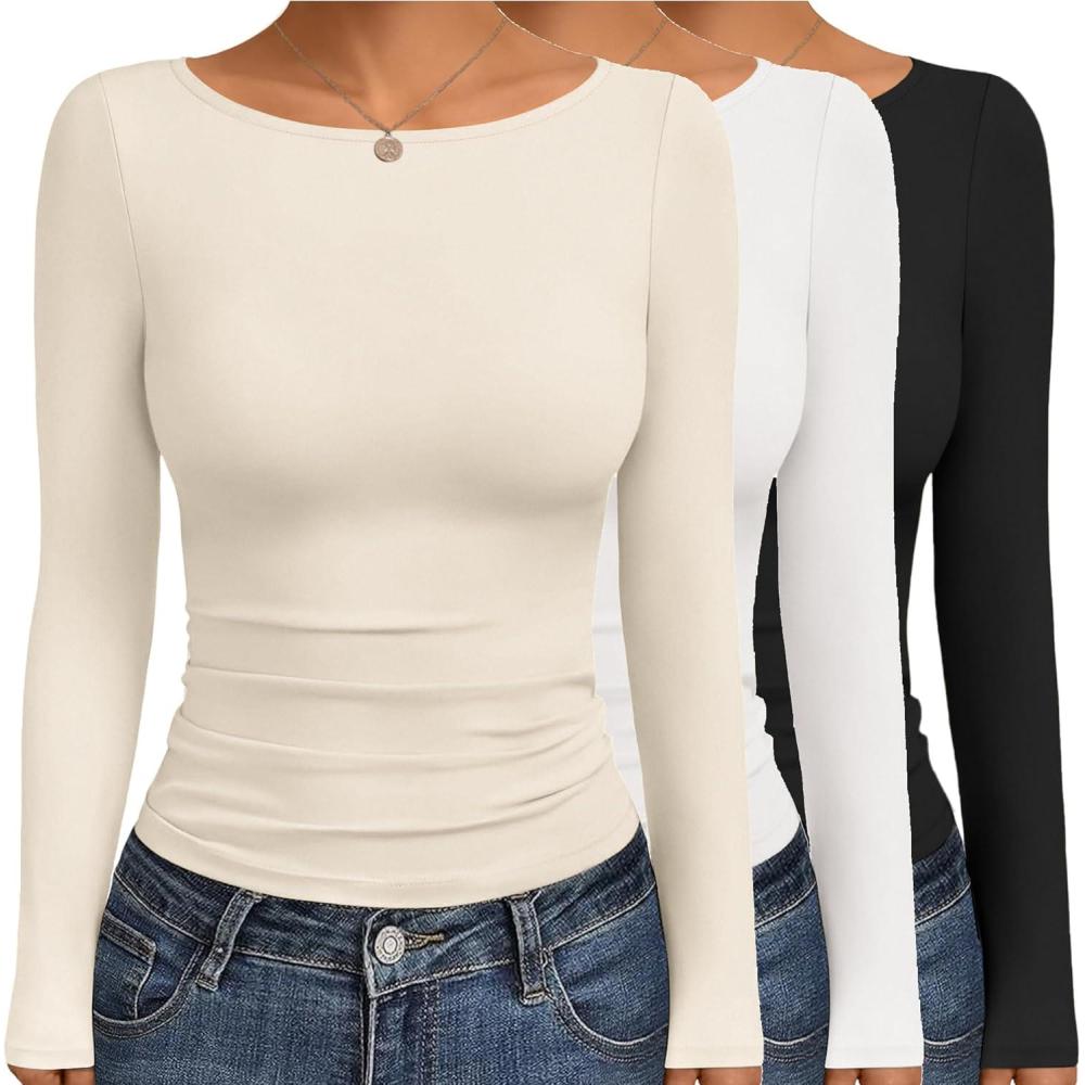 imageEkouaer Womens Boat Neck Tops 3 Packs Long Sleeve Shirts Ruched Fall Fashion 2025 Outfits Basic Thermal Underscrubs3pcs Black White Beige