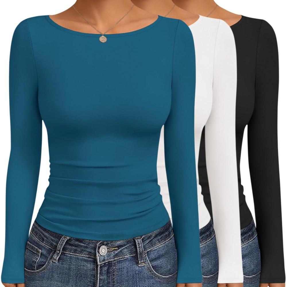 imageEkouaer Womens Boat Neck Tops 3 Packs Long Sleeve Shirts Ruched Fall Fashion 2025 Outfits Basic Thermal Underscrubs3pcs Black White Dark Blue