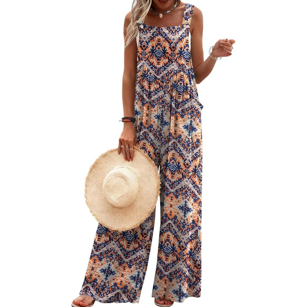 imageEkouaer Womens Casual Overalls Loose Wide Leg Jumpsuits Summer Boho Floral Printed Baggy Rompers with PocketsOrange Bohemian