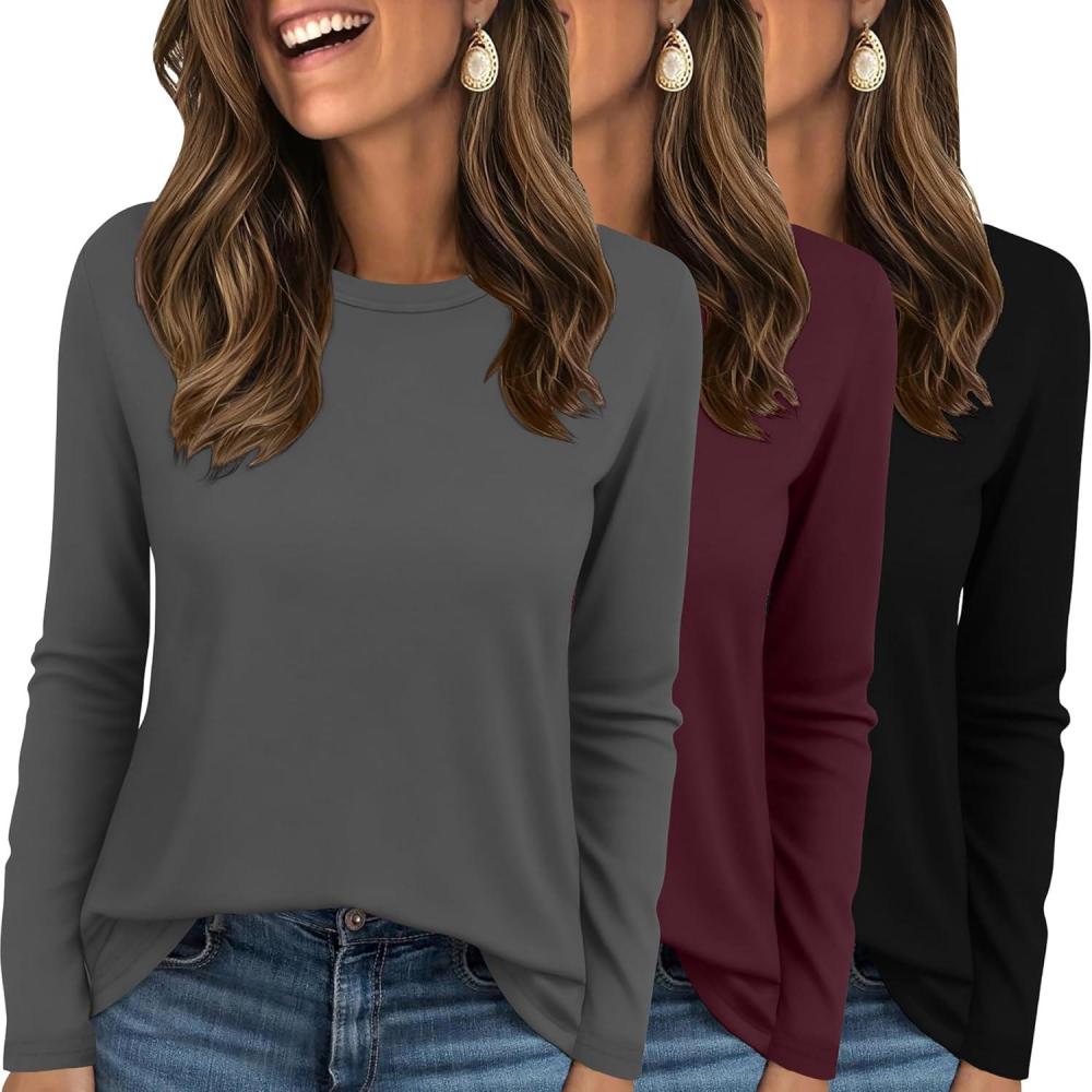 imageEkouaer Womens Long Sleeve Shirts 3 Pack Crew Neck Thermal Tops Loose Fit Undershirt Base Layer Trendy Clothes XSXXL3pcs Black Wine Red Dark Grey