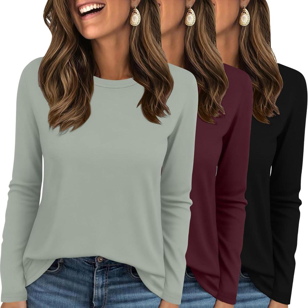 imageEkouaer Womens Long Sleeve Shirts 3 Pack Crew Neck Thermal Tops Loose Fit Undershirt Base Layer Trendy Clothes XSXXL3pcs Black Wine Red Light Green