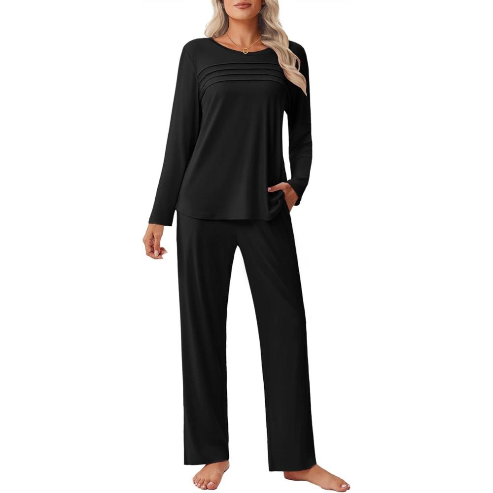 imageEkouaer Womens Pajama Sets Pleated Tops with Long Pants Lounge Set Long Sleeve Fall Sleepwear Ladies Pjs SXXLBlack