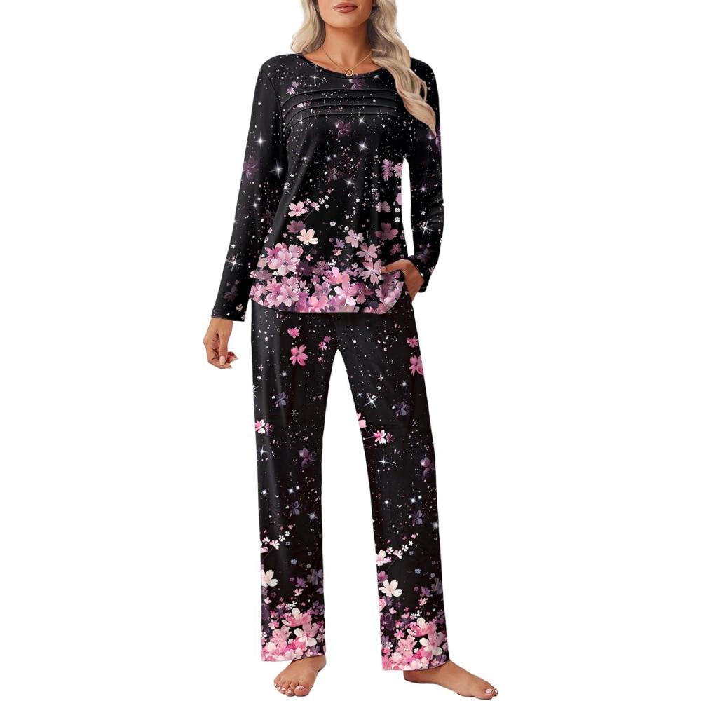 imageEkouaer Womens Pajama Sets Pleated Tops with Long Pants Lounge Set Long Sleeve Fall Sleepwear Ladies Pjs SXXLBlack Floral