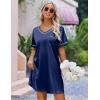 Ekouaer Satin Silk Nightgown for Women Silky Loose Sleepwear V Neck Nightshirt Short Sleeve Sleep Dress(Navy Blue)